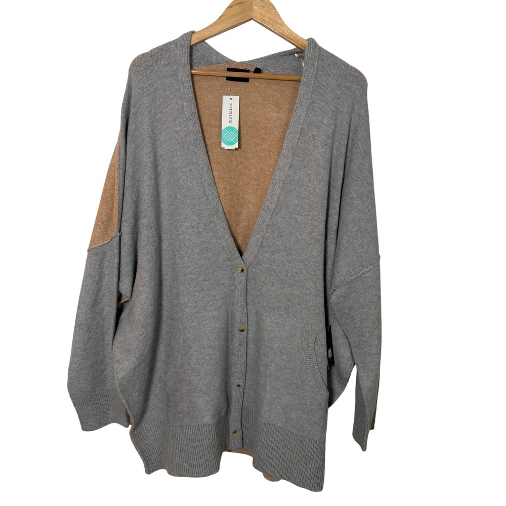 RD Style Keri Cardigan Women 1X Grey Camel NWT Colorblock V-Neck Sweater